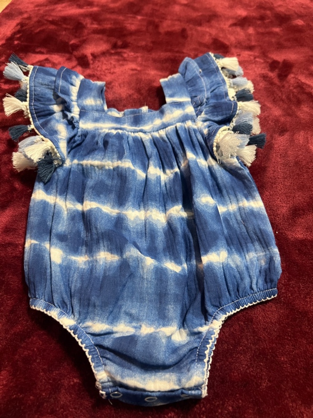 NWT Mudpie 6-9m Blue Tie-Dye Tassel Baby Romper